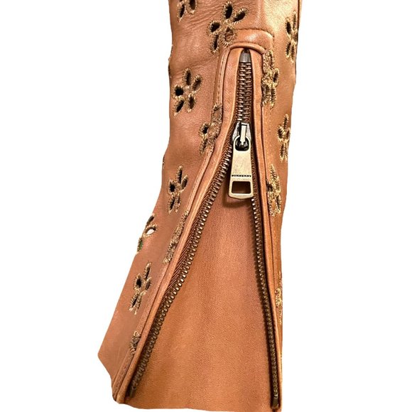 Burberry Lambskin Laser Cut Flower Perforated Motorcycle Biker Jacket Camel Sz4 - Picture 14 of 16